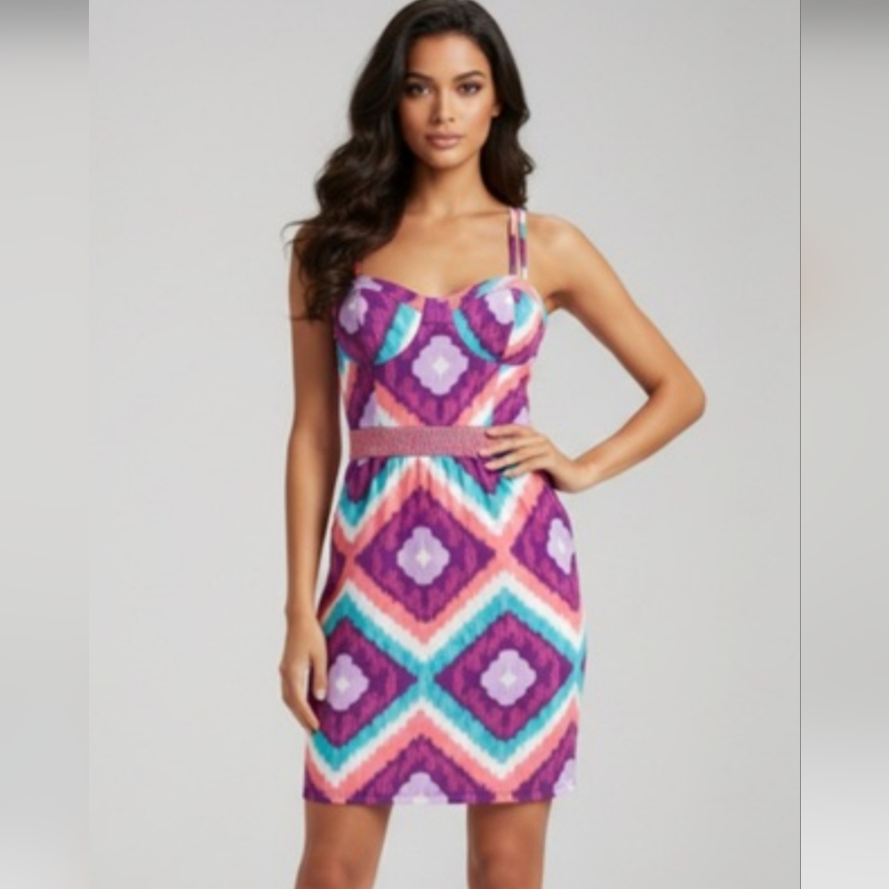 American Eagle Outfitters Vibrant Geometric Purple, Pink And Blue Mini Dress